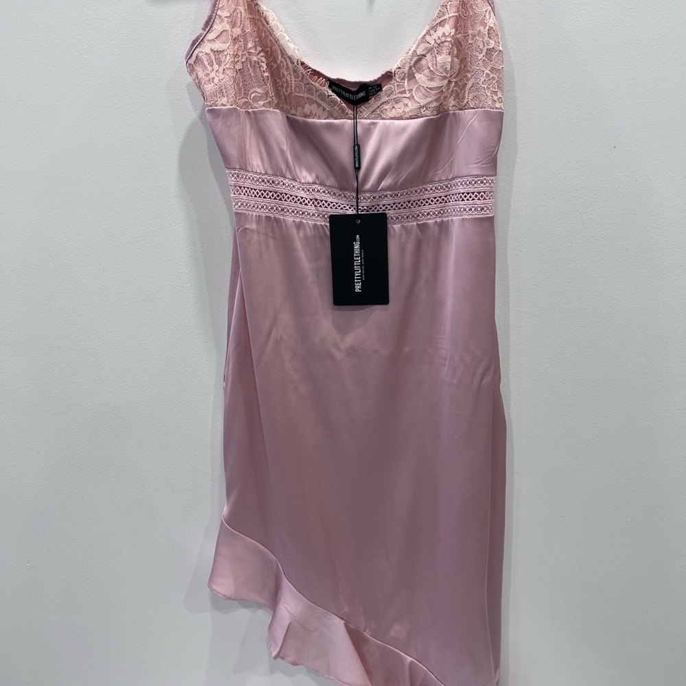 NWT PrettyLittleThing Coquette Satin Slip Dress Pink Lace Mini Y2K